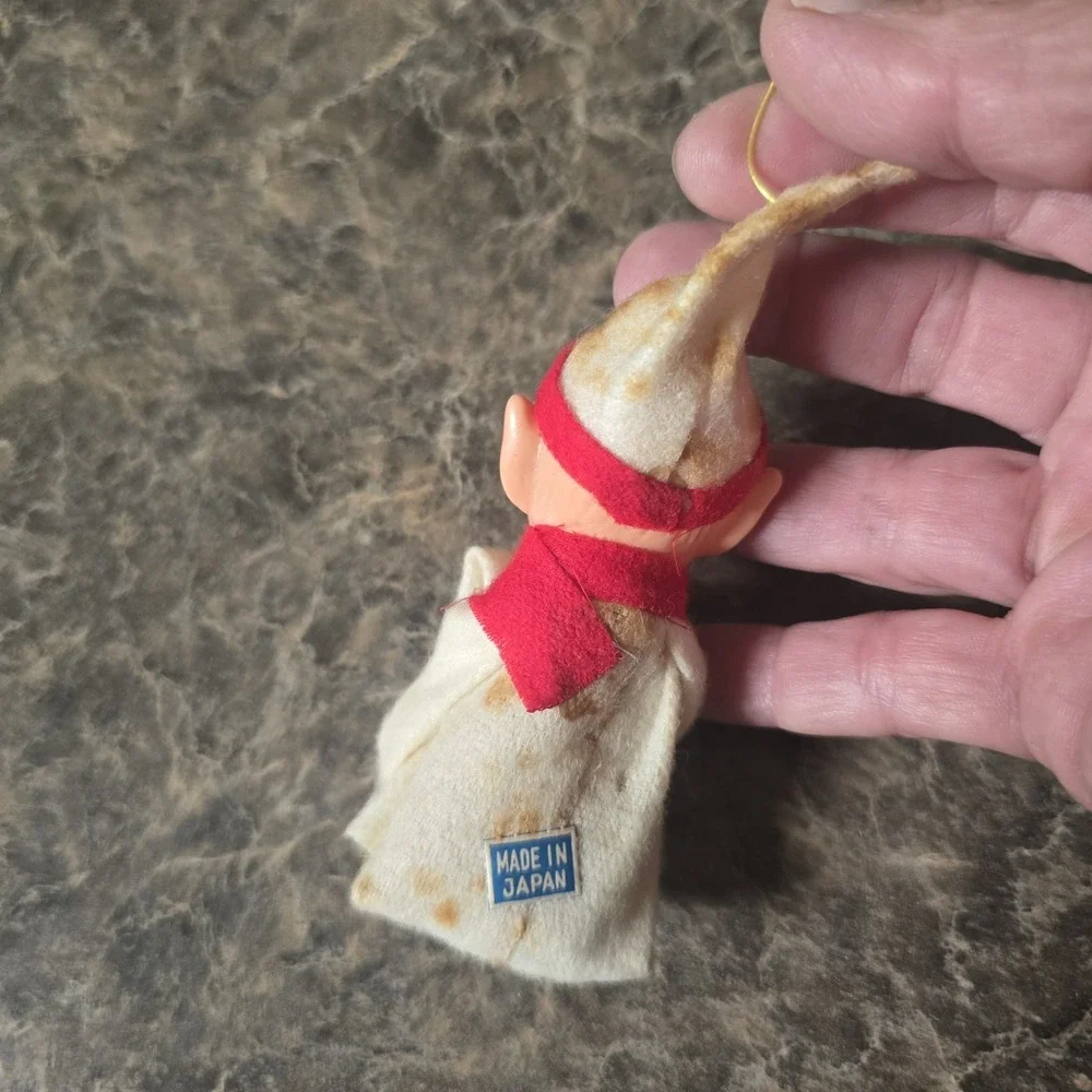 Vintage Japan Christmas Ornaments Lot of 3 Elf Santa Chenille Felt MCM